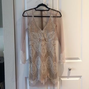 Lulu's Mesh Tan & Ivory Lace Dress (Small)